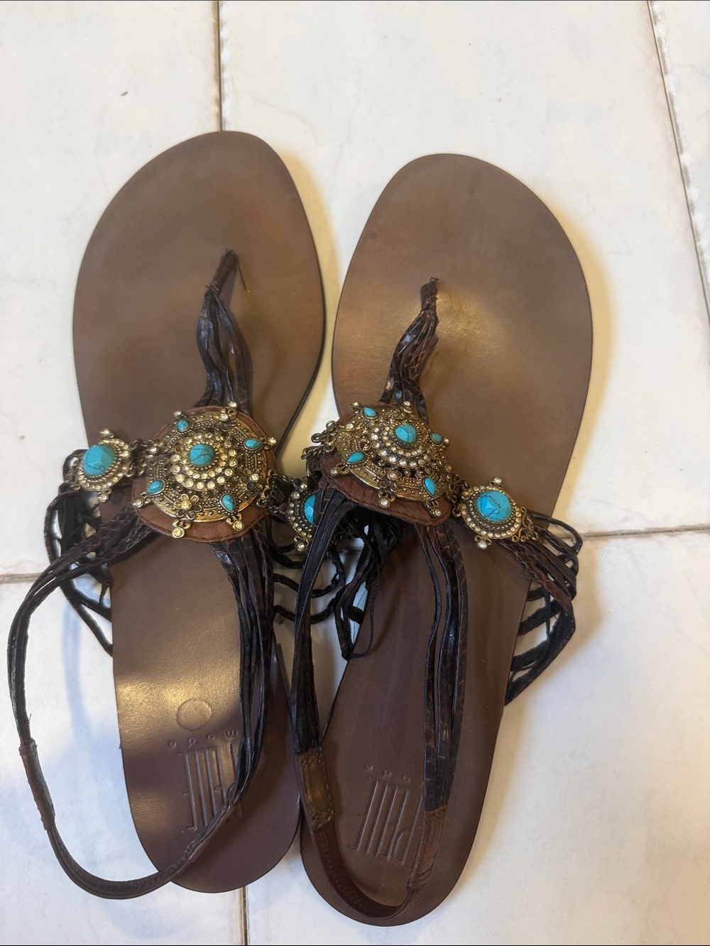 Pelle Moda Brown Leather Sandals with Turquoise Accents